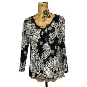 Linea Donatella Black Lace Paisley V-Neck Top L